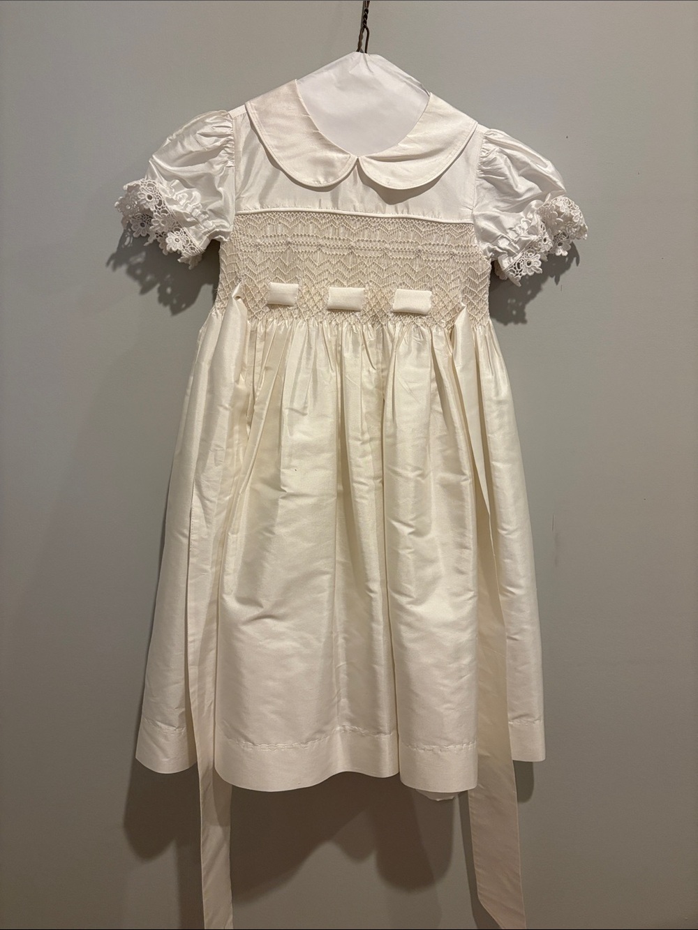 Strasburg Classic Ivory Smocked Peter Pan Collar Dress with sash